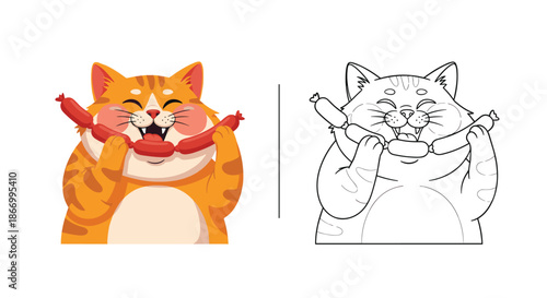 Happy ginger cat holding and eating a string of sausages shown in both full color and black and white line art.