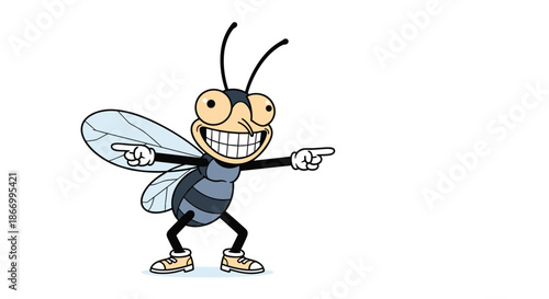 Funny fly character wearing sneakers and pointing with both hands while showing a wide toothy grin and bulging eyes.