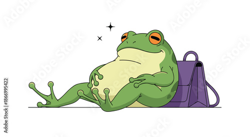 Large green frog leaning against a purple bag and rubbing its full belly with a satisfied expression after a meal.