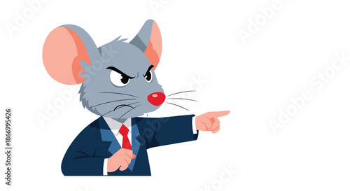 Angry grey mouse character wearing a business suit and red tie pointing aggressively at something off-screen.