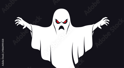 Menacing white ghost with glowing red eyes and open mouth reaching forward with its hands on a black background.