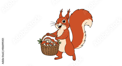Cheerful red squirrel standing and holding a wicker basket filled with many wild mushrooms on a plain white background.