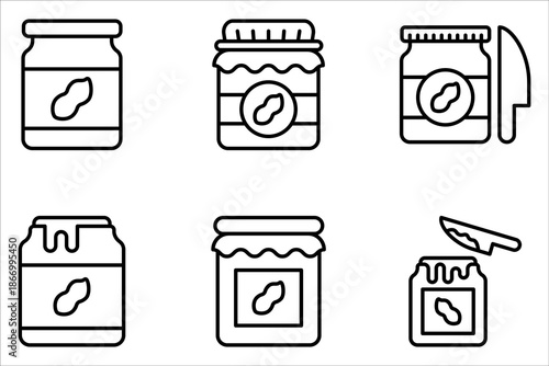 Peanut butter jar icon set. Creamy nutty food, spread. on white background