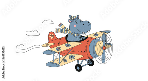 Friendly blue hippopotamus wearing a striped scarf and pilot hat flies a classic red biplane decorated with yellow flowers through the clouds.