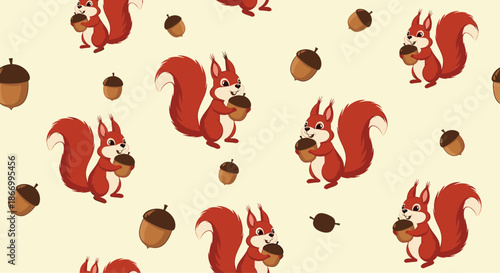 Seamless pattern features several cute red squirrels holding acorns and scattered individual acorns across a pale yellow background for children.