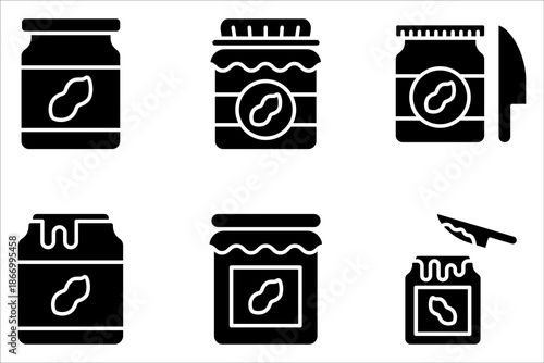 Peanut butter jar icon set. Creamy nutty food, spread. on white background