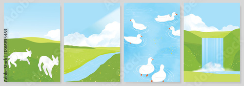 Abstract Green Summer landscape background vector set. Nature wallpaper of green field on mountain, yellow flowers, blue sky , birds, river. Watercolor illustration for cover, wall art, decoration.