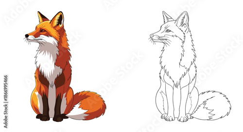 Magnificent red fox sits calmly in profile view with its thick bushy tail curled around, shown in both full color and as a line art drawing.