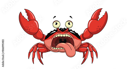 Shocked red crab stands with its claws raised and mouth wide open in a comical expression of surprise on a clean white background.
