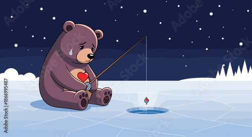 Sad brown bear sits alone on a frozen lake ice fishing under a snowy night sky with a small red heart on its chest and a tear on its cheek.
