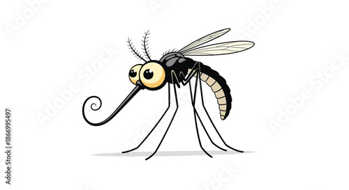 Humorous cartoon illustration shows a skinny black and tan mosquito with giant bulging eyes and a long curled proboscis standing on thin legs.