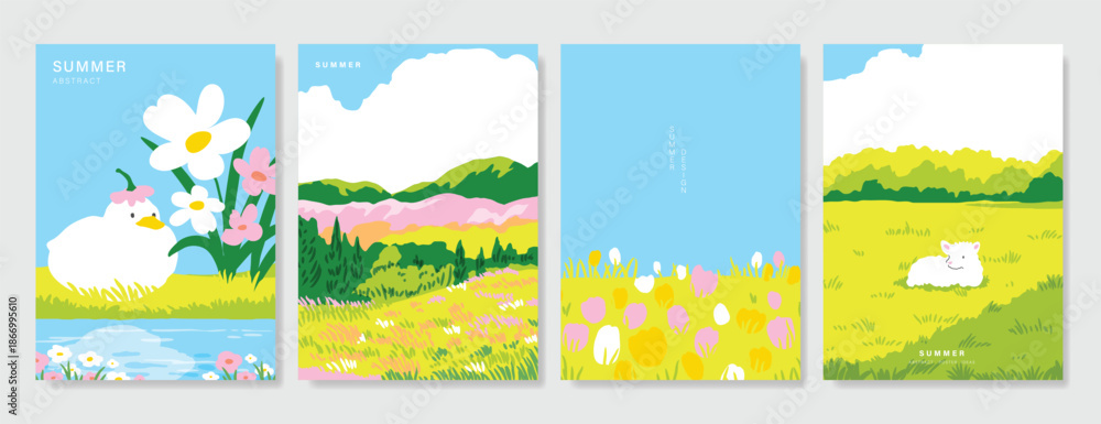 Fototapeta premium Abstract Green Summer landscape background vector set. Nature wallpaper of green field on mountain, yellow flowers, blue sky , birds, river. Watercolor illustration for cover, wall art, decoration.