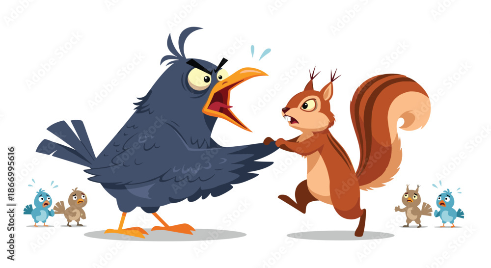 Obraz premium Large grumpy black bird loudly shouting at a surprised little squirrel while other small birds watch in fear.