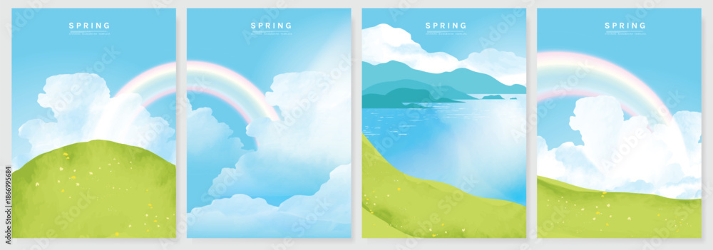 Fototapeta premium Abstract Green Summer landscape background vector set. Nature wallpaper of green field on mountain, yellow flowers, blue sky , birds, river. Watercolor illustration for cover, wall art, decoration.