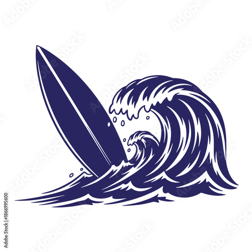 Surfboard riding ocean wave in white background  surfing action scene with blue tones