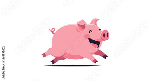 Extremely happy and joyful pink pig running fast with its mouth wide open and a huge smile on its cheerful face.