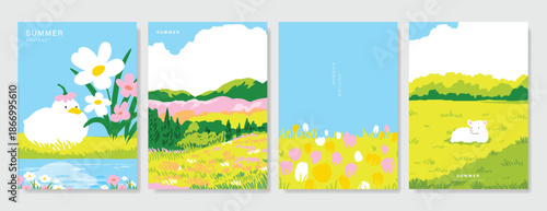 Abstract Green Summer landscape background vector set. Nature wallpaper of green field on mountain, yellow flowers, blue sky , birds, river. Watercolor illustration for cover, wall art, decoration.