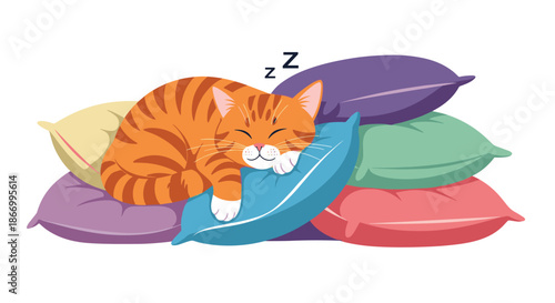 Cozy orange tabby cat peacefully sleeping on a colorful stack of soft pillows with little zzz icons above its head.
