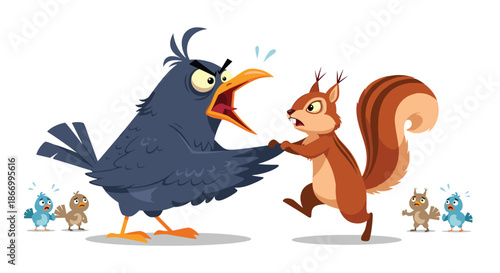 Large grumpy black bird loudly shouting at a surprised little squirrel while other small birds watch in fear.