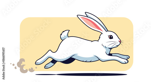 Fast white rabbit jumping and running quickly across a yellow background leaving a small dust cloud behind it.