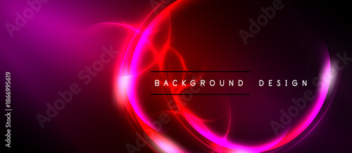 Vibrant neon lights form abstract shapes. Dark background emphasizes glowing red, pink energy. Modern design element.
