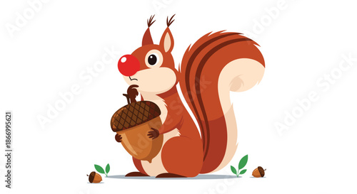 Thoughtful red squirrel sitting on the ground and holding a giant acorn while looking away with a curious expression.