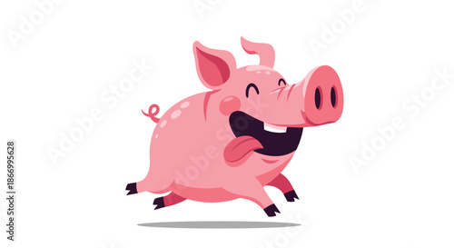 Playful pink pig running with its tongue sticking out and eyes closed in a moment of pure excitement and joy.