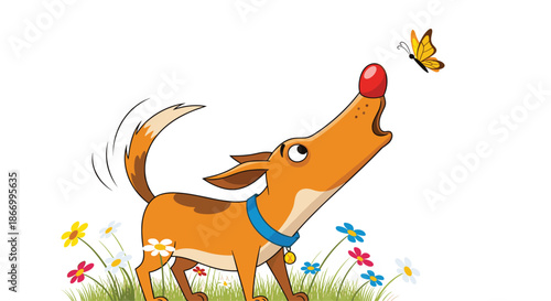 Happy brown dog with a blue collar standing in a flower field and looking up curiously at a small yellow butterfly.