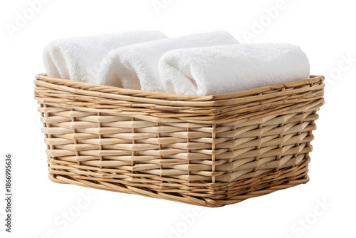 Woven basket filled with rolled white towels isolated on transparent background