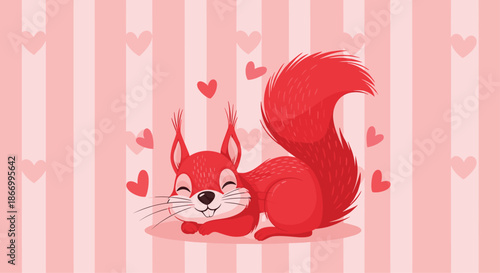 Sweet red squirrel lying down with a happy smile on a decorative pink background filled with hearts and stripes.