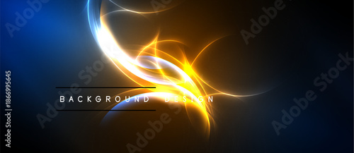 Abstract design features vibrant blue, yellow light streaks. Dark background enhances glowing curves, creating dynamic visual effect.