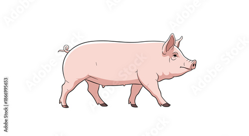 Detailed and realistic illustration of a large pink domestic pig walking steadily across a plain white background.