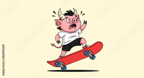 Rebellious pink pig character with horns and a devil tail performing a trick on a red skateboard with a surprised face.