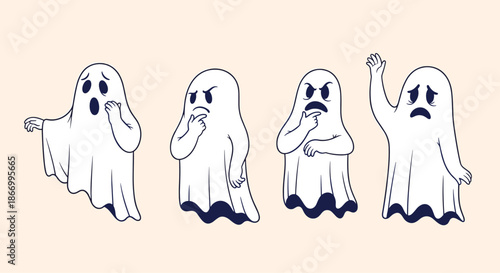 Group of four white ghost characters showing different spooky and funny facial expressions like scared, thinking, and waving.