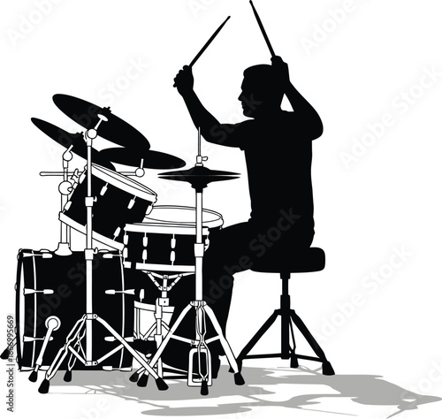 Musician playing the drums. Drummer vector icon. Drummer playing a full drum kit. 