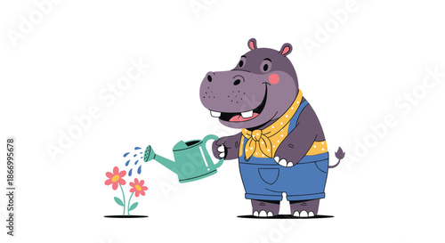 Cheerful hippo wearing overalls and a yellow bandana happily watering a patch of pink flowers with a green watering can.