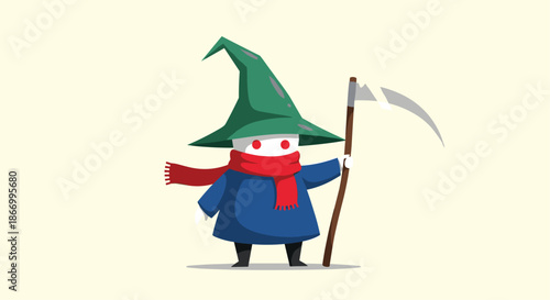 Mysterious small character wearing a large green wizard hat, blue robe, and red scarf while holding a large scythe tool.