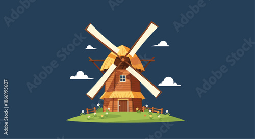 Traditional wooden windmill standing on a green grassy hill under a dark blue sky with several small white clouds.
