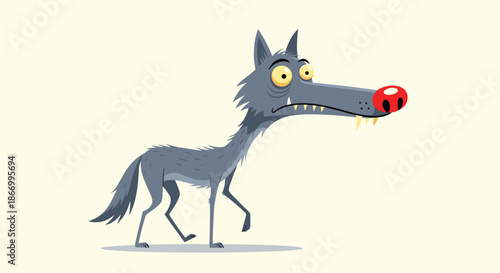 Comical illustration of a very thin and scraggly grey wolf with wide eyes and a large red nose walking suspiciously.