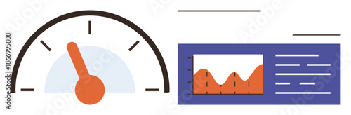 Performance measurement, business analytics, productivity tracking, data visualization, efficiency monitoring, process optimization. A speedometer with a dashboard chart. Performance measurement