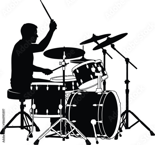 Musician playing the drums. Drummer vector icon. Drummer playing a full drum kit. 