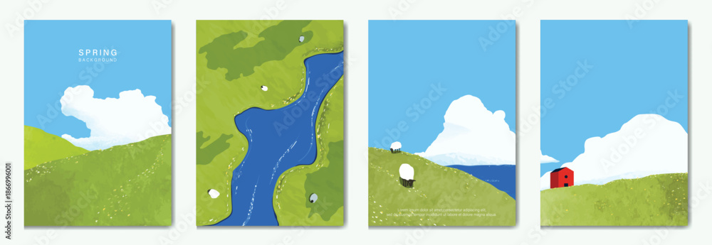 Fototapeta premium Abstract Green Summer landscape background vector set. Nature wallpaper of green field on mountain, yellow flowers, blue sky , birds, river. Watercolor illustration for cover, wall art, decoration.
