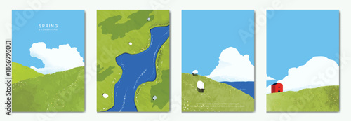 Abstract Green Summer landscape background vector set. Nature wallpaper of green field on mountain, yellow flowers, blue sky , birds, river. Watercolor illustration for cover, wall art, decoration.