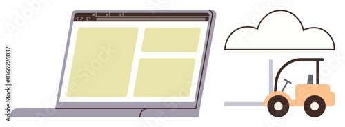 Cloud technology, digital logistics, online storage, supply chain, data systems, warehouse management. A laptop screen alongside a forklift under a cloud. Cloud technology and digital logistics