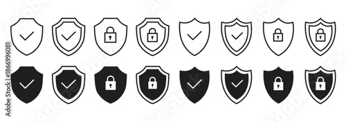 Security shield icons, security shields logotypes with check mark and padlock. Safety shield symbols. Vector illustration