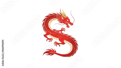 A vibrant red and golden dragon mascot for Chinese New Year celebrations on a clean white background, symbolizing good fortune and prosperity.