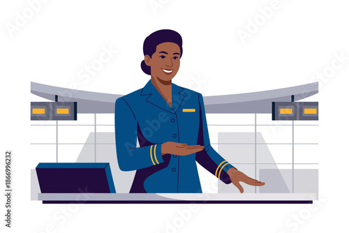 A smiling woman in a blue uniform stands behind a counter at an airport check-in desk.