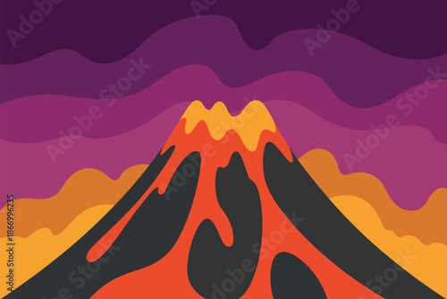 A vibrant illustration of a volcano erupting with lava flows against a colorful sunset background