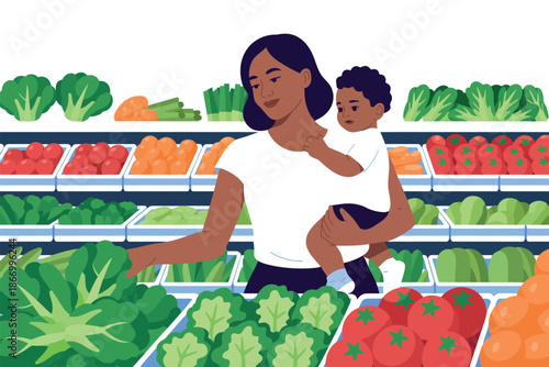 A woman holding a child in a grocery store surrounded by fresh produce