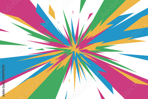 A vibrant and colorful abstract art piece with multicolored rays emanating from the center on a white background.